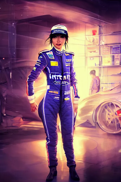 Prompt: portrait beautiful asian female formula one racer, wearing formula one racer uniform, at formula one racing car repair room, ssci-fi, fantasy, intricate, very very beautiful, elegant, human anatomy, neon light, highly detailed, digital painting, artstation, concept art, soft light, smooth, sharp focus, illustration, art and details by Brook Shaden
