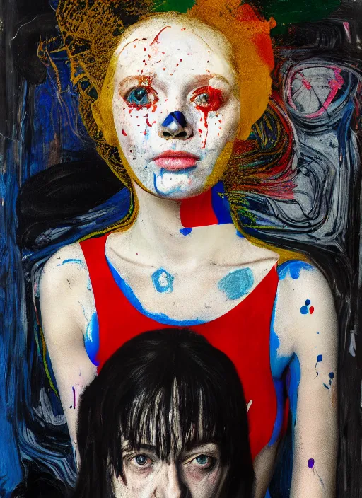 Image similar to portrait of a nervous girl harlequin sitting on a stool, by vincent lefevre and hernan bas and pat steir and hilma af klint, psychological, photorealistic, symmetrical face, dripping paint, washy brush, threads, rendered in octane, altermodern, masterpiece