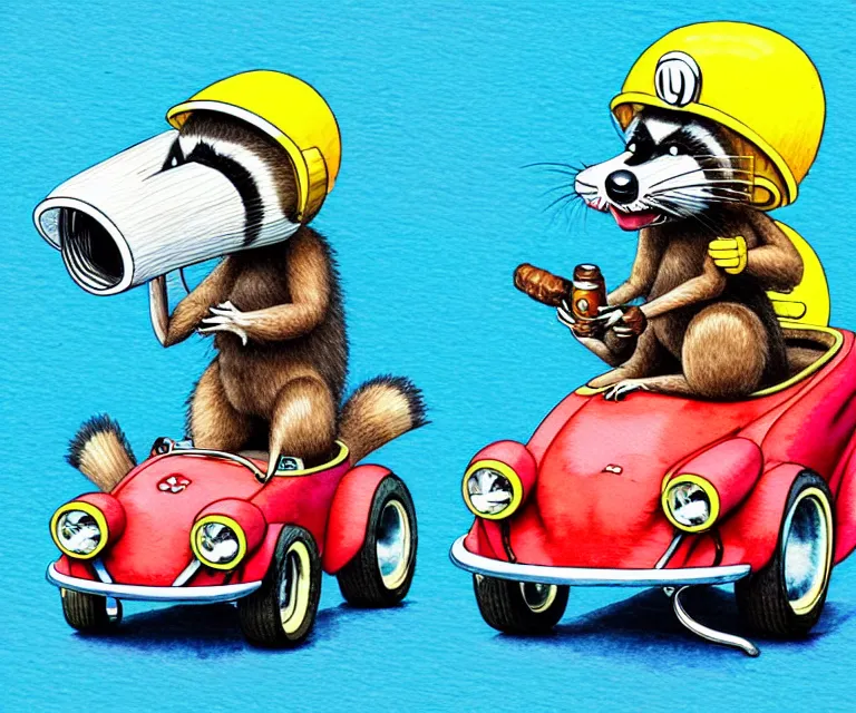 Prompt: cute and funny, racoon smoking cigar wearing a helmet riding in a tiny hot rod coupe with oversized engine, ratfink style by ed roth, centered award winning watercolor pen illustration, isometric illustration by chihiro iwasaki, edited by range murata