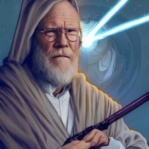 Prompt: david letterman as old obi wan kenobi, art by artgerm and greg rutkowski and charlie bowater and magali villeneuve and alphonse mucha