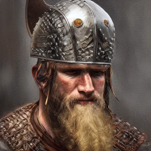 Prompt: a portrait painting of a viking warrior wearing a helmet, digital painting, hyper realistic, nordic mythology, full of details, in the style if greg rutkowski,