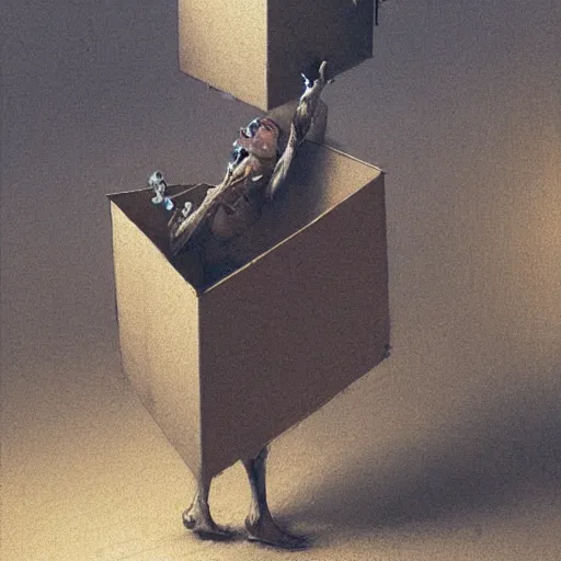 Prompt: A cyborg holding a cardboard box full of desk items at a desk by Beksinski, Greg Rutkowski