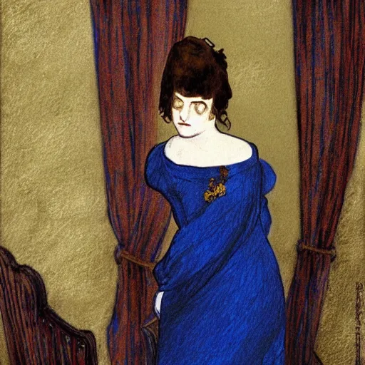 Image similar to a girl in a blue and gold liminal haunted ivory room, film still by goya, by mackintosh, elegant drawing, digital painting, jugendstil, art noveau, strong lights, flat colors, pastel colors