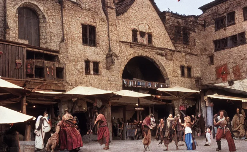 Image similar to movie still exterior of a medieval marketplace under attack by goblins, by David Bailey, Cinestill 800t 50mm eastmancolor, heavy grainy picture, very detailed, high quality, 4k, HD criterion, precise texture and facial expression