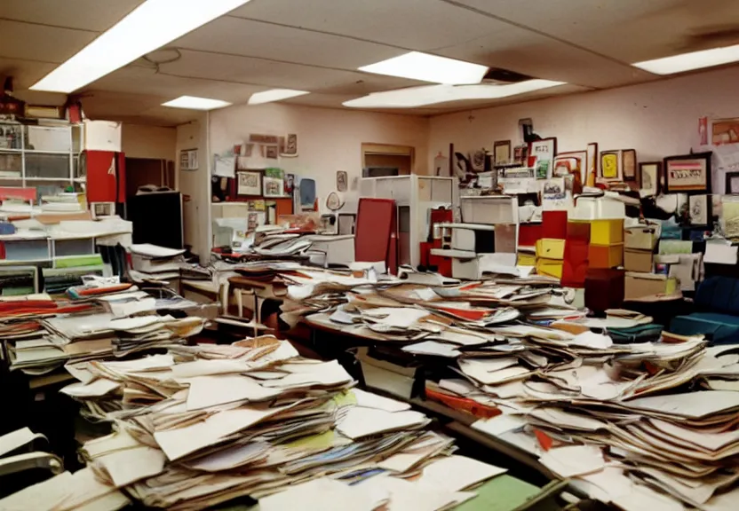 Image similar to an office filled with files so many files that are making hamburgers color 1 9 7 0 s film mary tyler moore hat toss