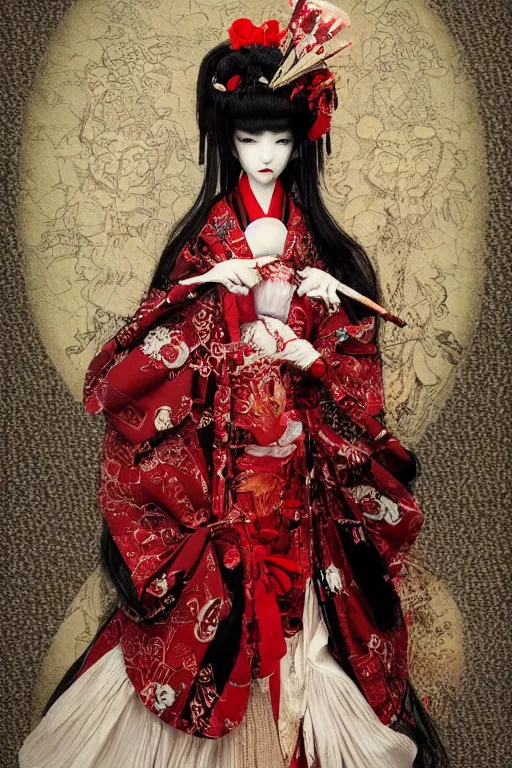 Image similar to avant - garde japanese bjd geisha vampire queen in victorian red dress in the style of dark - fantasy lolita fashion painted by yoshitaka amano, takato yamamoto, james jean, dmt art, symmetrical vogue face portrait, volumetrics, intricate detail, artstation, cgsociety, artgerm, gold skulls, rococo