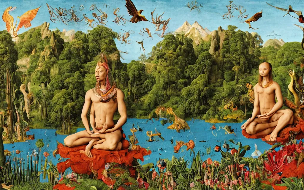 Image similar to a portrait photograph of a meditating sphinx and a centaur king riding birds and hugging tropical animals at a river delta. surrounded by bulbous flowers, animals and trees. mountain range under a blue sky of burning stars. painted by jan van eyck, max ernst, ernst haeckel and ernst fuchs, cgsociety, artstation, fashion editorial, 8 k