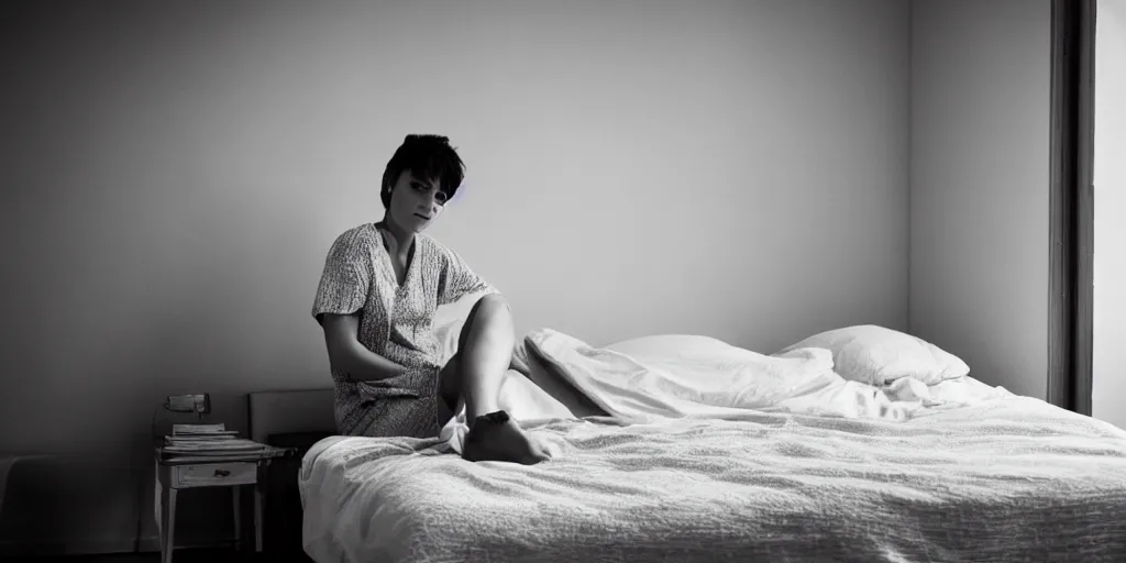 Image similar to in a quiet bedroom, photography of a very beautiful short-haired woman sit on a bed