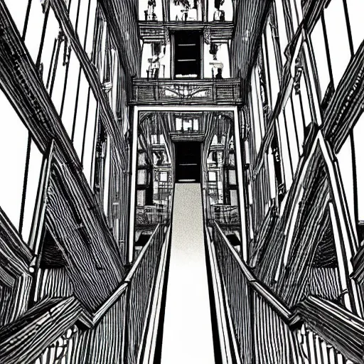 Image similar to a giant wolf in a huge bright maze of many doorways and lots of stairs, many doorways, inside MC Escher architecture, artstation, Junji Ito, epic composition