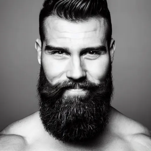 Prompt: lack and white photography of a very muscular man smiling with a chiseled jawline and trimmed beard