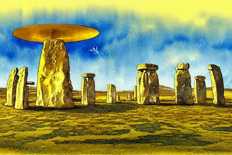 Prompt: a realistic and atmospheric watercolour fantasy concept art of a golden ufo landing on top of stonehenge. by rebecca guay, michael kaluta, charles vess and jean moebius giraud