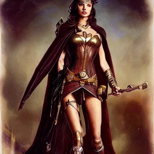 Image similar to highly detailed steampunk gal gadot standing, cape, staff : leonardo da vinci, greg rutkowski, magali villeneuve