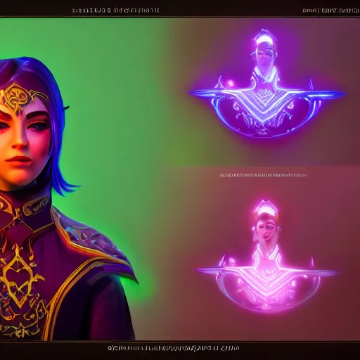 Image similar to a oil art portrait of young mage with neon magic in style of warcraft character, bard jester character sheet, 4 k, ultra detail, volumetric lighting, unreal engine, octane render, grimdark