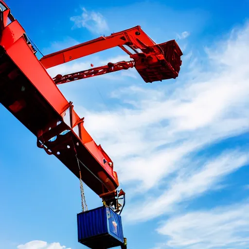 Image similar to high quality, digital photography of a crane lifting a container, shot from the ground, looking up, close shot, clear sky