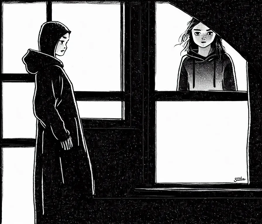 Image similar to outdoors : sadie sink in hoodie sits on windowsill, knees tucked in | rain falls at night : storyboard panel, scifi cyberpunk, b & w. by gabriel hardman, joe alves, chris bonura. cinematic atmosphere, detailed and intricate, perfect anatomy