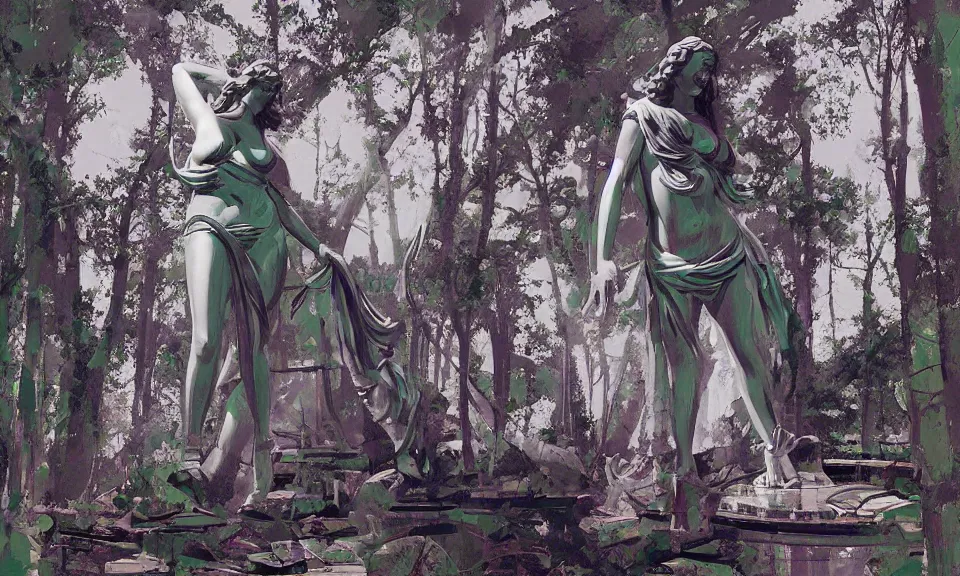 Prompt: digital art, birds eye view, massive roman sculpture a beautiful massive female statue in the forest at night, by syd mead, syd mead color scheme, sci - fi, arik roper, kirby krackle, concept art