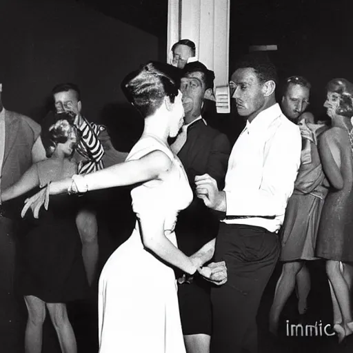 Prompt: Two couples dancing in a sleepy club. Cigarette smoke in the air. 1960s, vintage, black and white, Americana. By Ian Berry.