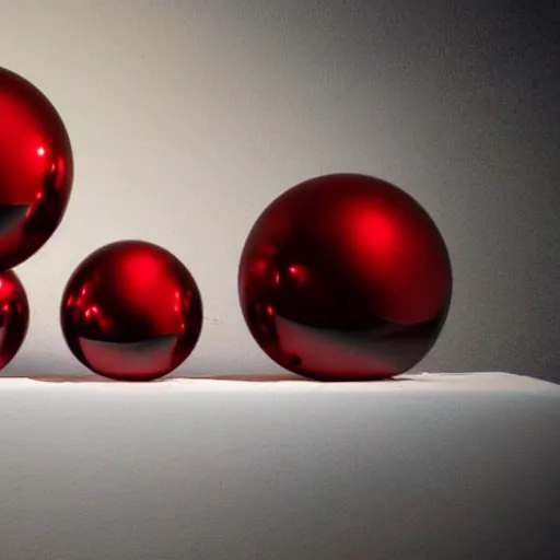 Prompt: chrome spheres on a red cube by victoria poyser