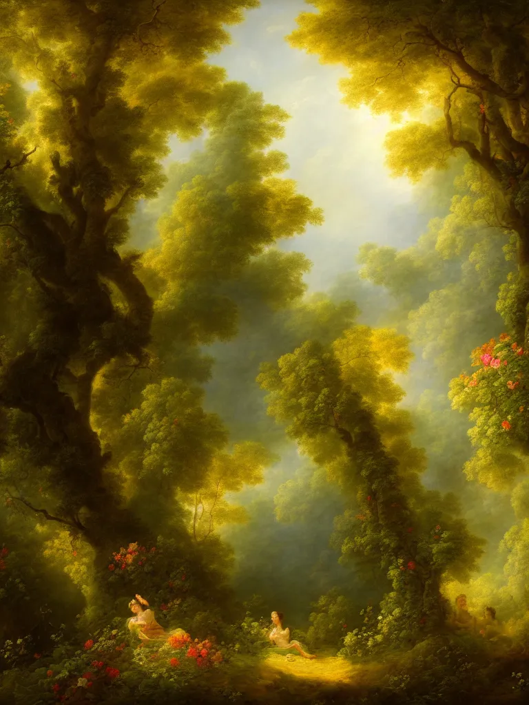 Prompt: painting backdrop of a lush forest, volumetric light, afternoon, light wind, wild flowers, chiaroscuro, john longstaff, jean - honore fragonard, francois boucher, anna dittmann, 4 k, 4 k