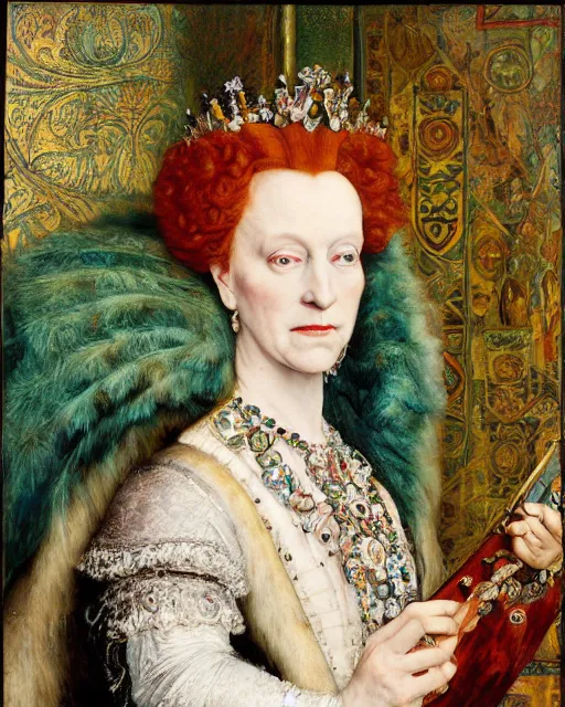 Prompt: queen elizabeth i, portrait painting by richard schmid, edgar maxence, kehinde wiley, thomas moran, maxfield parrish, studio ghibli, loish, alphonse mucha, fashion photography