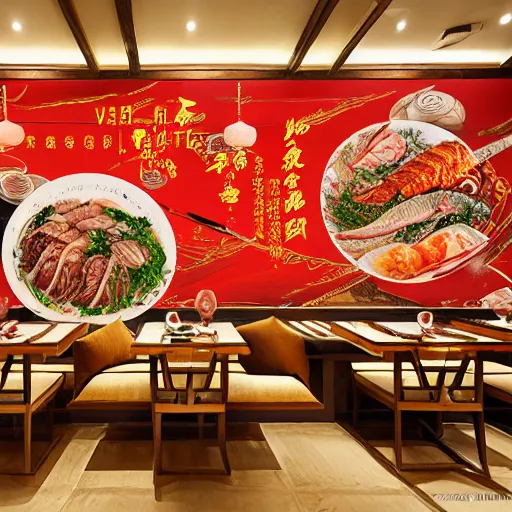 Image similar to a beautiful hyperdetailed 4 k hd wallpaper illustration interior of roasted string hotpot restaurant restaurant yan'an, wall painting, from china, with merchant logo, fine delicate structure, chinese style, victo ngai