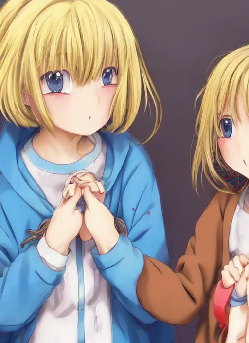 Image similar to highly detailed portrait of one blonde haired blue eyed and one brown haired brown eyed anime girl in animal themed onesies holding hands looking at us, happy, excited, digital art, cute, anime, detailed faces, well drawn faces, cute faces, hand drawn, 8 k, trending on artstation, detailed eyes, official media, by hayao miyazaki