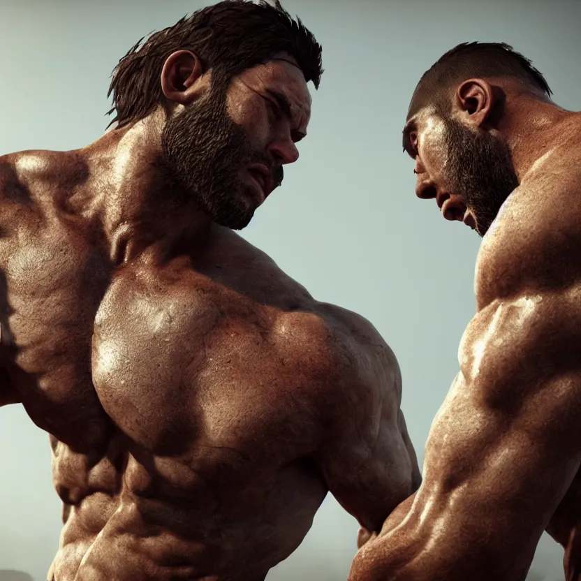 Image similar to a muscular man wearing torn clothes, looking to the right, profile picture, hyperrealistic, concept art, octane render, unreal engine 5, trending on artstation, high quality, highly detailed, 8 k, dramatic lighting, cinematic, high coherence, anatomically correct, five fingers, digital art, seductive