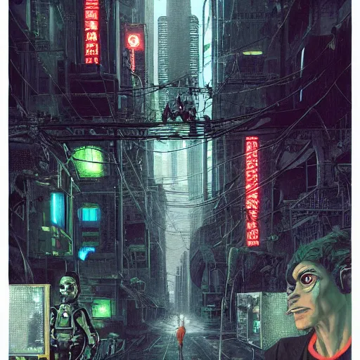 Image similar to a hyperrealistic painting of a cyberpunk city with cyborg pepe the frog walking through portals and robotic aliens, flying cars, cinematic horror by chris cunningham, richard corben, highly detailed, vivid color, beksinski painting, part by adrian ghenie and gerhard richter. art by takato yamamoto. masterpiece