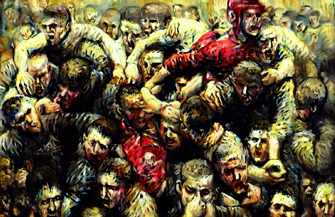 Image similar to english football hooligans!!!!!!!!!!!!!!!!!!!!!!!!!!!, detailed face, detailed painting, epic lighting, by ilya repin, phil hale and kent williams