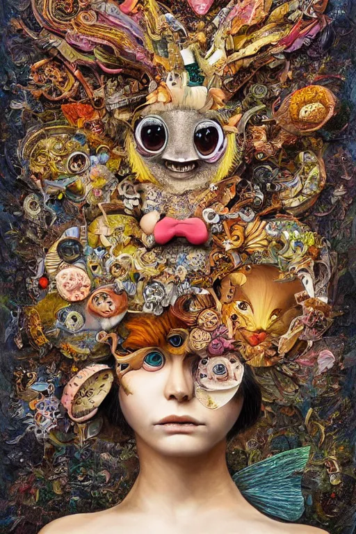 Prompt: A detailed maximalist portrait with large eyes, exasperated expression with an existential dread of love, mixed media torn paper collage, highly detailed and intricate illustration, high fashion, in the style of Naoto Hattori and Ryohei Hase