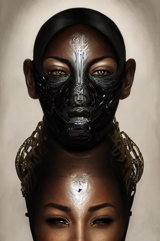 Prompt: ultra realistic illustration, black woman, yeezus margiela mask, hacknaut cyberpunk, sci - fi, fantasy, intricate, elegant, highly detailed, digital painting, artstation, concept art, smooth, sharp focus, illustration, art by artgerm and greg rutkowski and alphonse mucha