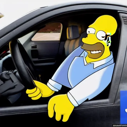 Image similar to Photo of excited real-life Homer Simpson sitting in the driver seat of a LADA VAZ-1111