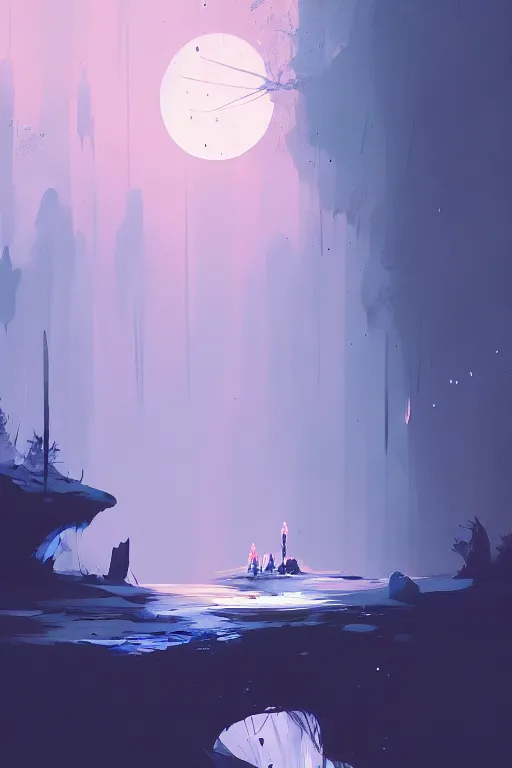 Image similar to concept art by jama jurabaev and ismail inceoglu, cel shaded, cinematic shot, trending on artstation, high quality, brush stroke, lonely crystal cave under moonlight reflection, and the streams are dotted with stars