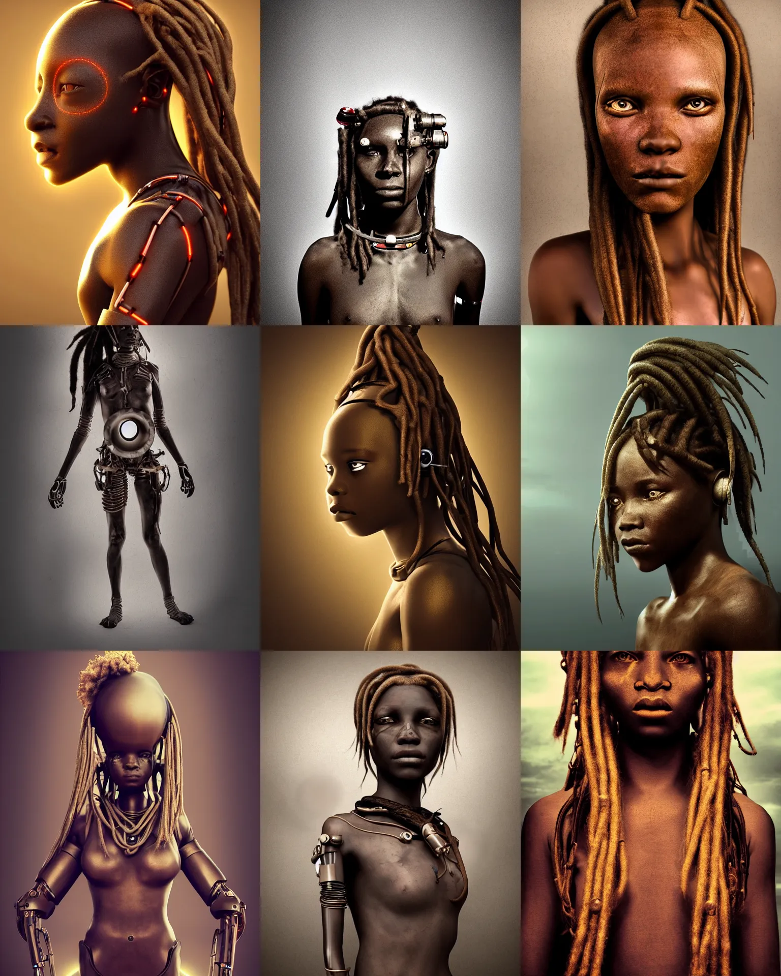 Prompt: futuristic himba young woman, glowing mechanical eye camera, mechanical limbs, cybernetic dreadlocks, realistic concept art, dramatic lighting, intricate, depth of field, full body, sepia