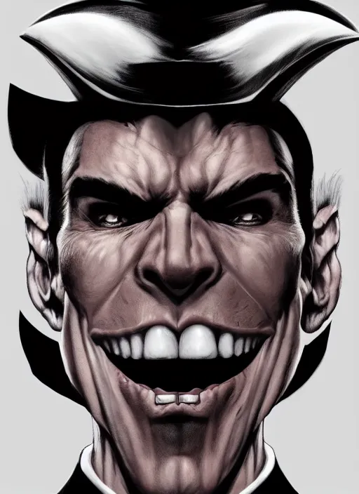 Image similar to aesthetic digital portrait of a handsome young man with a sinister grin by brian bolland, rachel birkett, alex ross, and neal adams | dark, intimidating, imposing, portrait, character concept, concept art, unreal engine, finalrender, centered, deviantart, artgerm