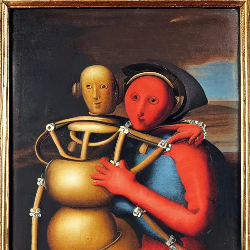 Prompt: renaissance era, oil painting of two robots hugging