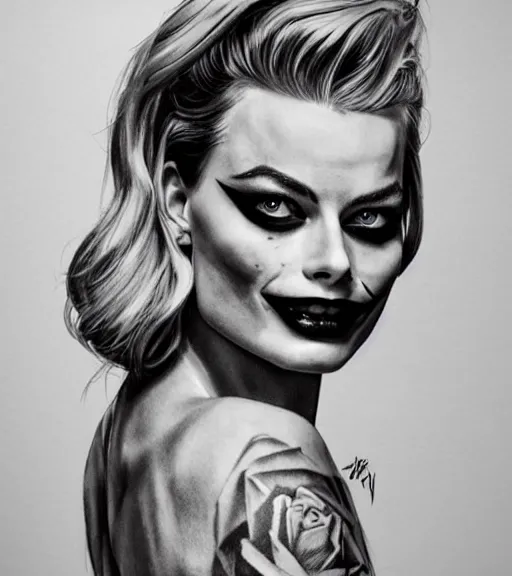 Image similar to tattoo design sketch of beautiful margot robbie portrait with joker makeup, in the style of den yakovlev, realistic face, black and white, realism tattoo, hyper realistic, highly detailed