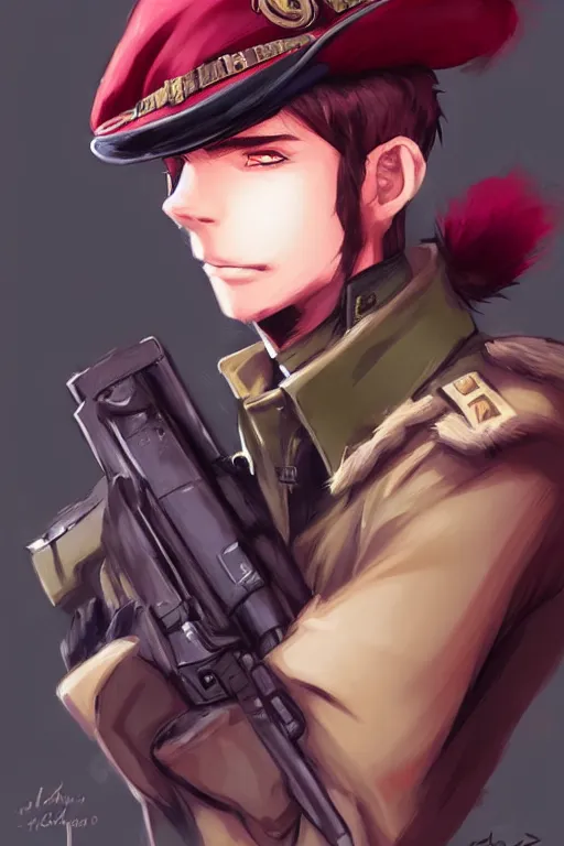 Prompt: beautiful portrait commission of a male furry anthro!!! fruit bat wearing military clothes and a maroon beret. Active Warzone with guns and explosions Atmospheric. Character design by charlie bowater, ross tran, artgerm, and makoto shinkai, detailed, inked, western comic book art