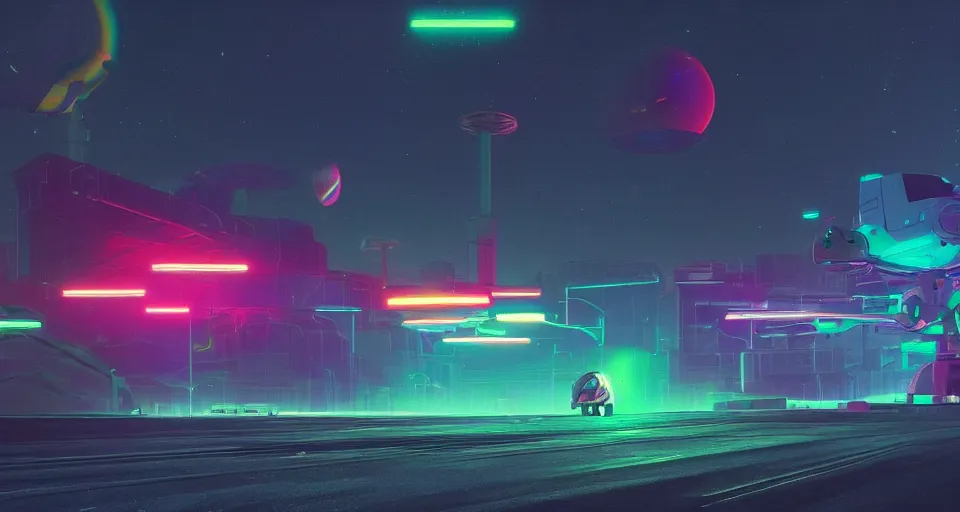 Prompt: Rainbow road, rendered by simon stålenhag, rendered by Beeple, Makoto Shinkai, syd meade, environment concept, digital art, starwars, Gundam Style, unreal engine, 3 point perspective, WLOP, trending on artstation, low level, 4K UHD image, octane render,