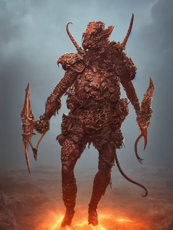 Image similar to full body frontview portrait of a fighter in octopus armour, d & d character design, designed in blender, 8 k hd, octane render, intricate and highly detailed, coloured with lots of colour, pose, fantasy, sharp focus, realistic, volumetric lighting