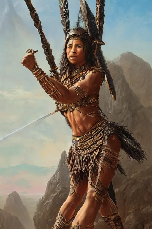 Image similar to ethnic warrior female toned body, wearing tribal armor, holding wodden spear, by thomas cole and wayne barlowe 8 k, high detail, fantasy art, dnd, artstation,