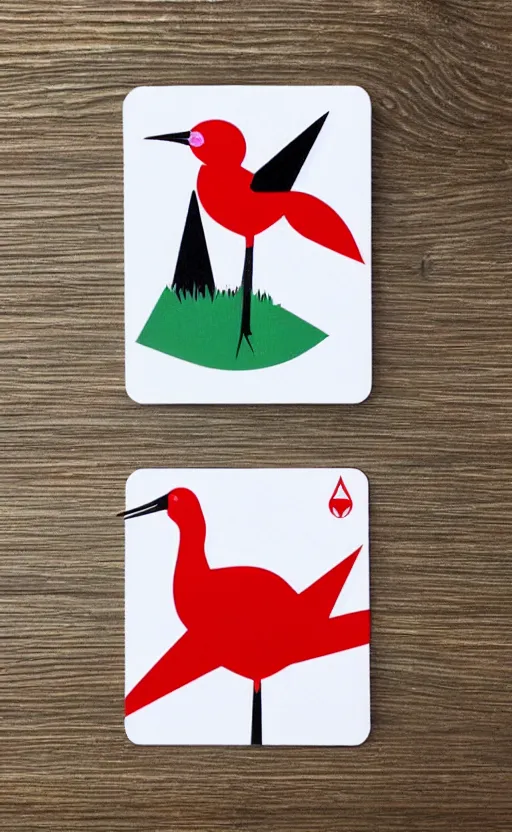 Prompt: poker card style, simple, modern look, solid colors, colorful, japanese crane bird in center, pines symbol in the corners, front game card, vivid contrasts, for junior, smart design