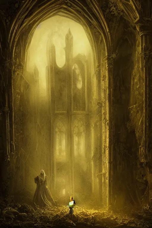 Prompt: baroque gothic woman, lit by a single candle, inside a ruined abbey, a crow stood nearby, cobwebs, dead leaves, gustave dore, 4 k resolution, concept art, mist, autumnal, chiaroscuro,