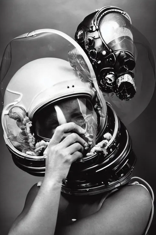 Prompt: extremely detailed studio portrait of space astronaut, alien tentacle protruding from eyes and mouth, slimy tentacle breaking through helmet visor, shattered visor, full body, soft light, plain studio background, disturbing, shocking realization, award winning photo by philippe halsman