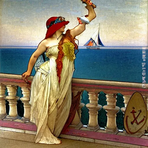 Image similar to A girl with jester hat and clothes on a greek archi circle on the front of a Balustrade with a beach and a sail boat on the background, major arcana cards, by alphonse mucha and arnold böcklin arnold böcklin arnold böcklin, paul delaroche, hyperrealistic 8k, very detailed