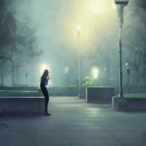 Image similar to a girl working on her laptop, city park, street lighting, dramatic, greg rutkowski, digital painting