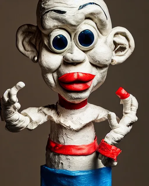 Image similar to an papier mache popeye by tim burton, realistic, very detailed, complex, intricate, studio lighting, bokeh, sigma 5 0 mm f 1. 4