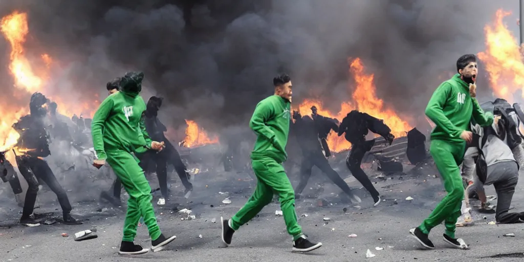 Image similar to photo of young men wearing green tracksuits fighting cops in a riot with burning cars, mid shot, editorial photography