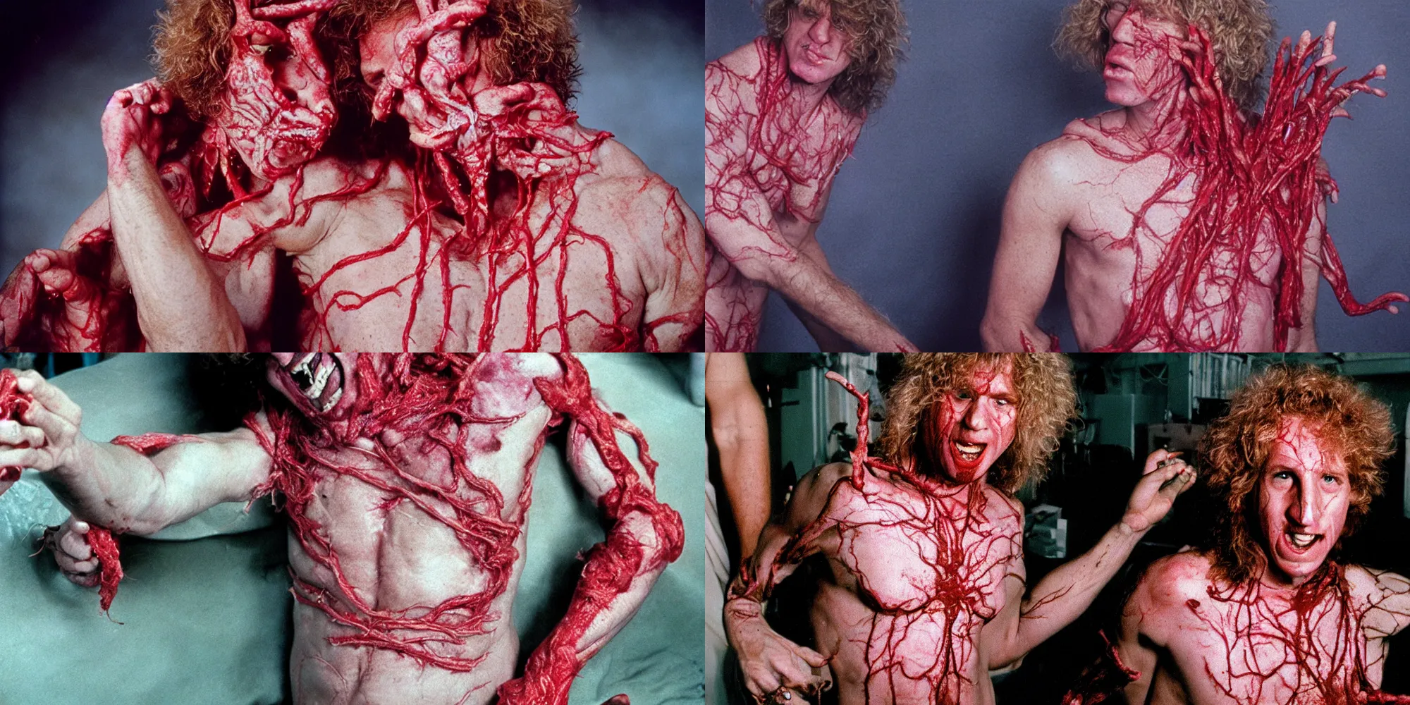 Prompt: sammy hagar body horror directed by david cronenberg, limb mutations, swollen veins, red flesh strings, cinestill 8 0 0 t, 1 9 8 0 s movie still, film grain