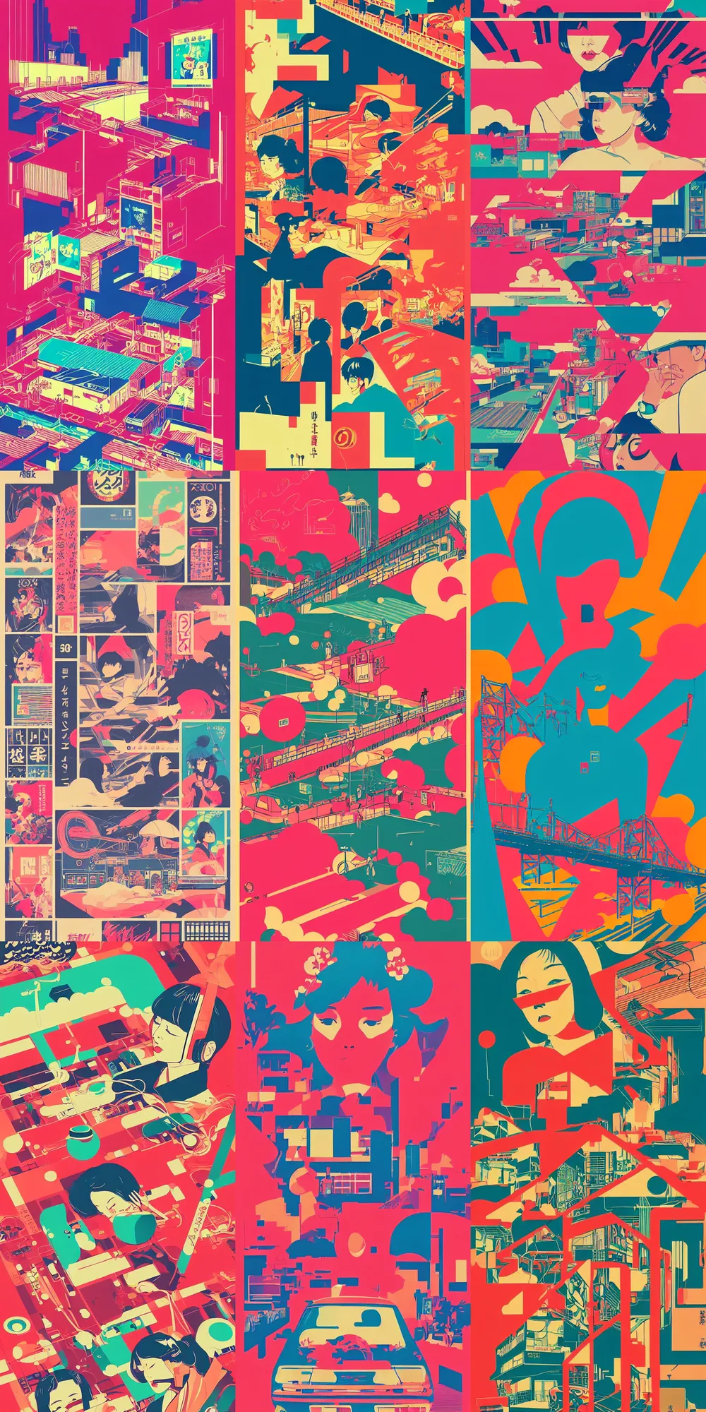 Image similar to beautiful illustration of layout of japanese pop art, city pop, frame, acid, modular synth, music, chillhop, obi strip, poster, 8 0 s, album art, trendy typography, lo - fi, logo, landscape, pinterest, dribble, influenced by retro and vintage, artstation, 8 k, user interface, underground